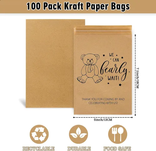 Vista 2 de AnyDesign Paquete de 100 bolsas autoadhesivas de papel kraft para baby shower, con texto en inglés "We Can Bearly Wait", bolsas de papel kraft