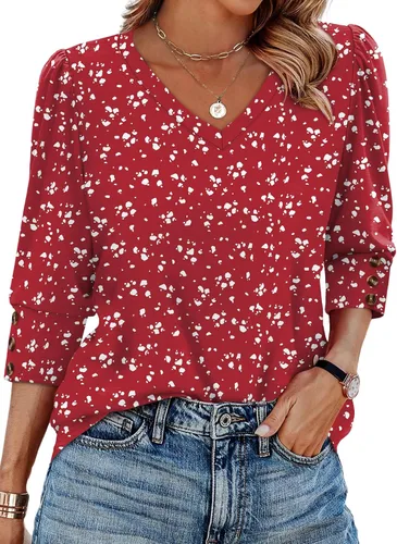 Vista 32 de XIEERDUO - Blusas de manga 3/4 para mujer, cuello en V, con botones, estilo A-blanco