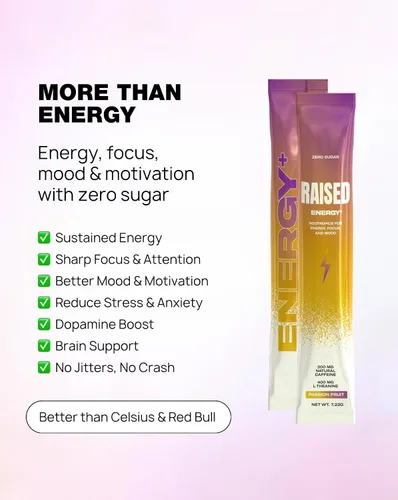 Vista 3 de Raised Energy+ Mezcla de bebida nootrópica 200 mg de cafeína natural + L-teanina cero azúcar Polvo de energía limpia para concentración