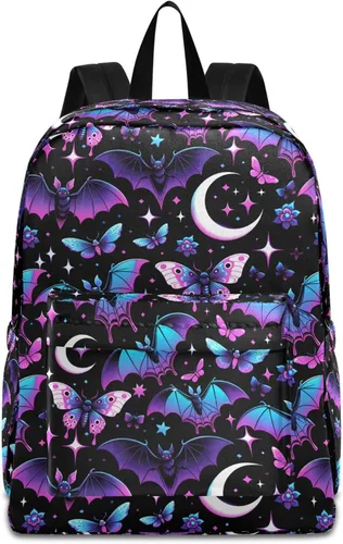 Vista 31 de MNSRUU Mochila para estudiantes para la escuela, Halloween, mochila luminosa de murciélagos para laptop, mochila estética para niñas, niños, mochila