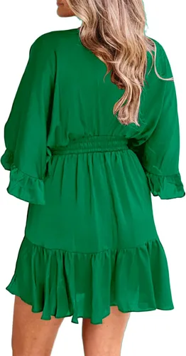 Vista 3 de Aoysky Vestidos casuales con cuello en V para mujer, de verano, holgado, cintura alta, volantes, plisado, lindo vestido corto