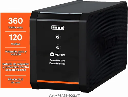 Vista 5 de Vertiv PSA6E-600LVT 600VA y 360W PowerUPS 200 Essential 120V Line Interactive Desktop UPS