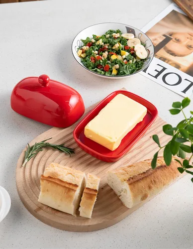 Vista 6 de Sweejar - Mantequillera de cerámica con tapa para encimera, mantequera de porcelana con asa de perilla, recipiente de mantequilla para mantequilla