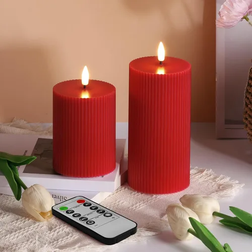 Vista 11 de Velas de pilar sin llama acanaladas blancas con control remoto, velas LED parpadeantes de cera que funcionan con pilas, juego de 2