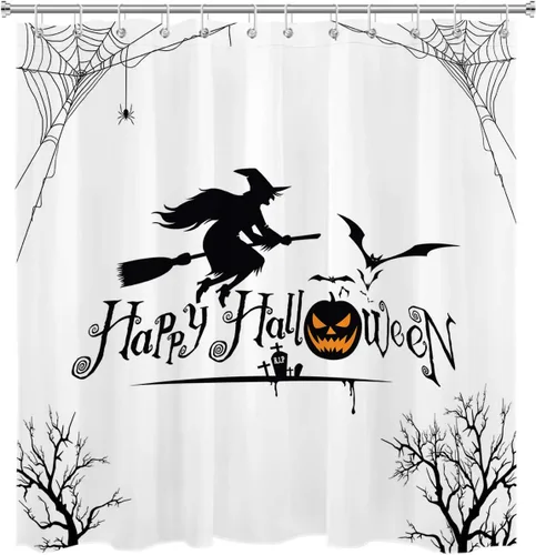 Vista 20 de HVEST Cortina de ducha con ganchos, calabaza espeluznante y fantasma con sombrero de bruja negro, juego de cortina de ducha naranja con flores