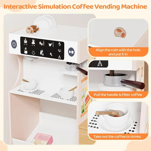 Vista 5 de JOYMOR Tienda de comestibles de juguete, juego interactivo de supermercado de madera con máquina de café expendedora, accesorios de venta y compra