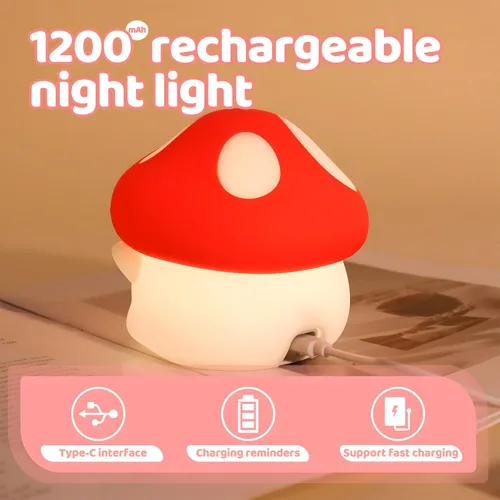 Vista 3 de Luz nocturna de hongos, lámpara de silicona blanda para niños, control de grifo, 2 niveles de brillo, batería de 50 horas, temporizador automático