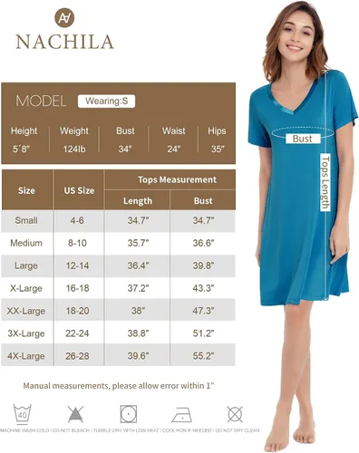 Vista 2 de NACHILA Camisones de viscosa para mujer, hechos de bambú, suaves camisas de dormir de manga corta, ropa de dormir suelta