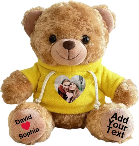 Vista 12 de Oso de peluche personalizado con fecha de texto de imagen, juguetes de peluche personalizados de 11 pulgadas, regalo para novia, novio, cumpleaños