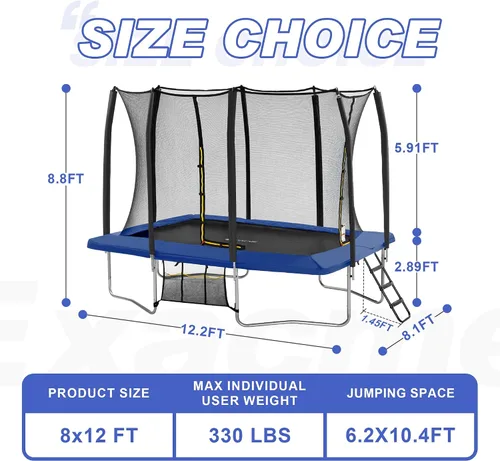 Vista 5 de Exacme Trampolín Rectangular de 7X10 8X12 9X14 Pies para Niños, Aberturas de Cerramiento Dobles, Trampolín Rectangular Pequeño para Exteriores