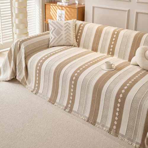 Vista 56 de HANDONTIME Chevron Pattern Couch Cover Vertical Striped Jacquard Sofa Cover Modern Minimalist, Khaki and White, Sofa Covers Washable, Pet Friendly