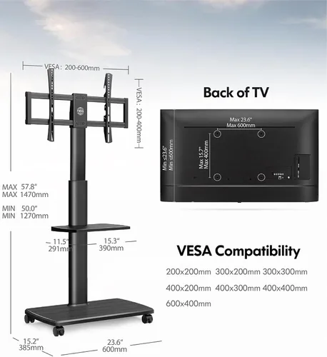 Vista 6 de FITUEYES - Soporte de TV móvil con ruedas para pantalla plana de 32 a 75 pulgadas, soporte de TV alto con soporte giratorio para dormitorio, al aire