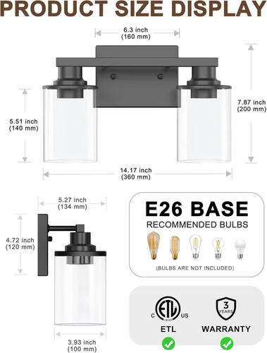 Vista 5 de L LOHAS LED Lámparas de baño negras de 2 luces, accesorios de iluminación modernos sobre espejo con pantalla de vidrio transparente, luces