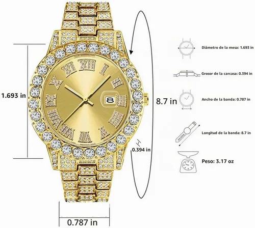 Vista 6 de Reloj analógico de cuarzo con diamantes de imitación de cristal para hombre Reloj Iced-Out Reloj de vestir fácil de leer dorado ( A Gold )