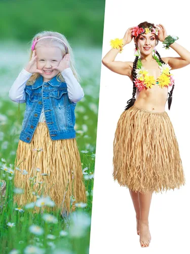 Vista 5 de Liliful Minifalda de rafia natural para niños, falda larga de hula hawaiana, falda de playa para disfraz de Halloween, fiesta de Luau