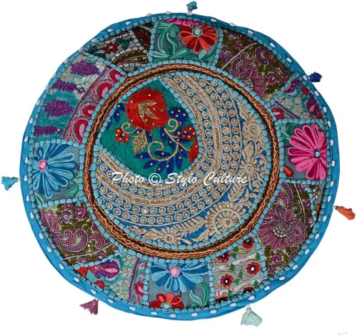 Vista 3 de Funda de puf otomana bordada de retazos de algodón turquesa floral decoración del hogar tradicional puf de asiento para sala de estar