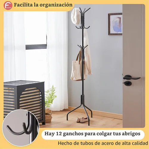 Vista 3 de Perchero independiente, perchero para entrada, sala de estar, dormitorio, perchero de metal con 12 ganchos y 3 patas (negro)