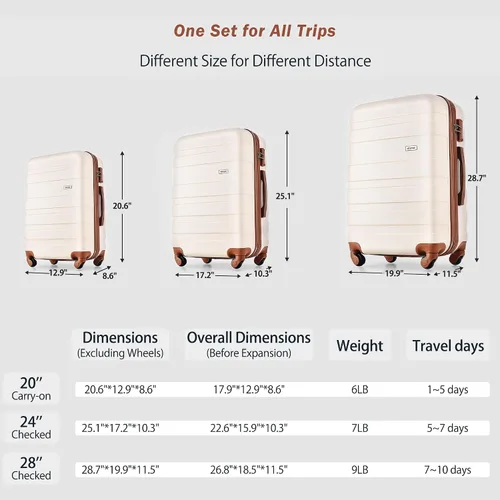 Vista 3 de Merax 3 piezas expandible Abs Hardshell Equipaje Sets Spinner Wheel Maleta TSA Lock Suit Case, Marfil marrón, Merax 3 piezas expandible Abs