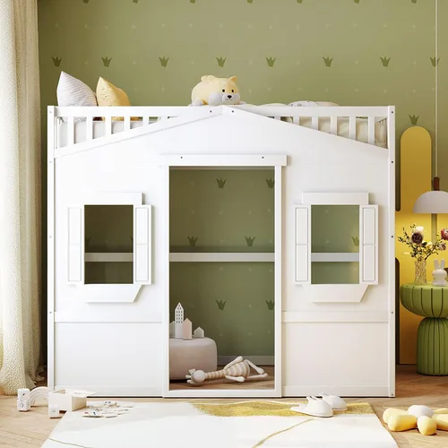 Vista 3 de Base de cama individual tipo loft para niños, cama tipo loft de madera con ventanas y barandilla, cama de casa de juegos, cama tipo loft
