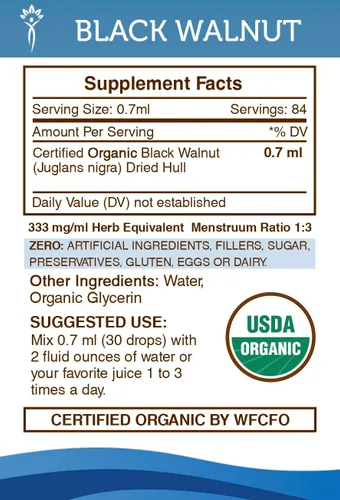 Vista 2 de Extracto líquido orgánico y Ashwagandha de nogal negro USDA (2 piezas) Tinturas sin alcohol Nuez negra orgánica (Juglans Nigra) cáscara seca