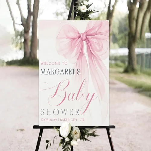 Vista 3 de Letrero personalizado de bienvenida al baby shower, con lazo rosa con decoración elegante, espacio acogedor, ideas creativas y momentos alegres