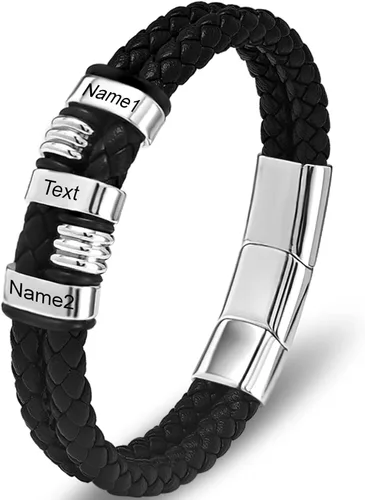 Vista 13 de Pulsera personalizada para hombre con cuentas de nombre personalizadas, pulsera de cuero trenzado personalizada grabada con 2-6 nombres
