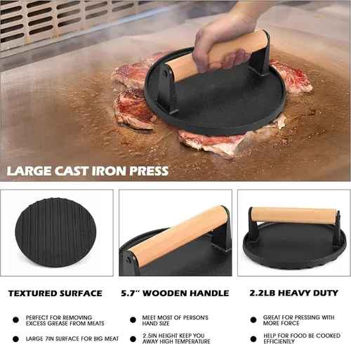 Vista 4 de HaSteeL Cúpula de fusión de 13 x 9.75 pulgadas y prensa de hamburguesa de 7 pulgadas, cubierta de vapor rectangular con prensa de tocino, accesorios