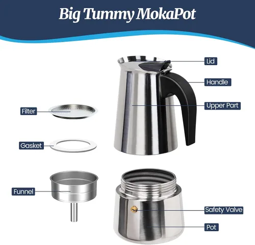 Vista 3 de 2 Tazas Moka de Acero Inoxidable 100ml Cafetera de Espresso Italiana para Estufa Cafeteras Moka Percolador Cafetera Greca para Estufa de Inducción