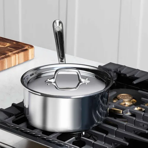 Vista 6 de All-Clad D3 Cacerola de Acero Inoxidable de 3 Capas 1 Cuarto Inducción Horno Gratinador Seguro 600F Ollas y Sartenes, Utensilios de Cocina Plateado