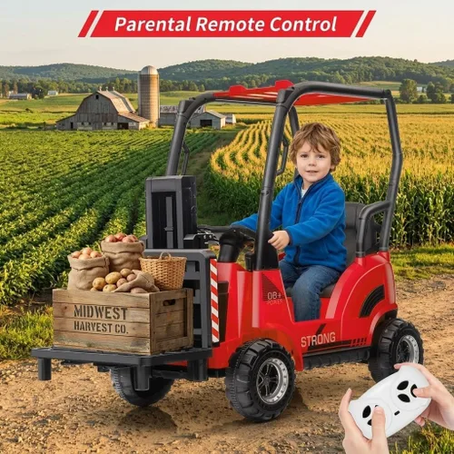 Vista 6 de Carretilla elevadora de 12 V para niños, coche eléctrico de construcción con control remoto, horquilla y palet elevable, 2 velocidades, música, USB
