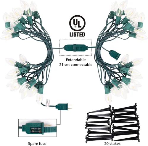 Vista 6 de Brightown Cadena de luces C9 de Navidad para exteriores, 25.7 pies, 20 luces LED para camino, luz de pasillo impermeable conectable para interiores