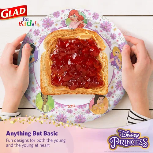 Vista 4 de Glad para Niños Platos de Papel Desechables de Princesas Disney, Marcos Florales - Resistente, A Prueba de Absorción, Apto para Microondas, Platos