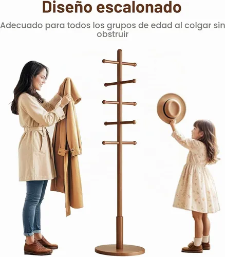 Vista 5 de Perchero de madera maciza independiente con 10 ganchos, perchero independiente con 3 alturas ajustables para abrigos, sombreros, bolsos, perchero
