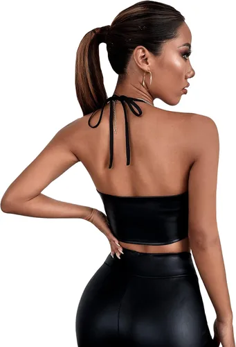 Vista 2 de SheIn Camisola de piel sintética con cuello halter para mujer, con cordones, sin mangas, sin espalda