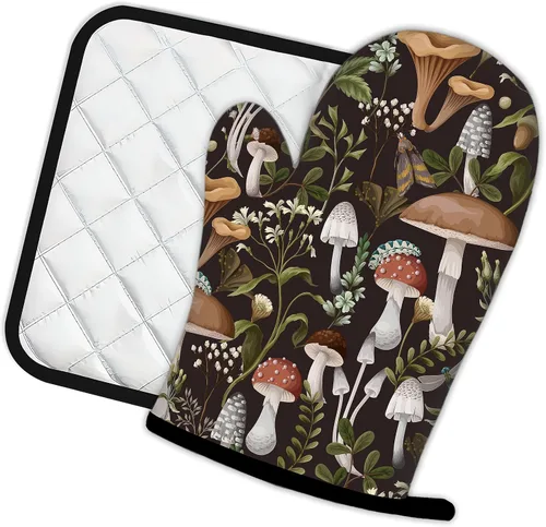 Vista 2 de Manoplas de horno de hongos y hojas y soportes para ollas de cocina, juego de 2 piezas, almohadilla resistente al calor para hornear, barbacoa