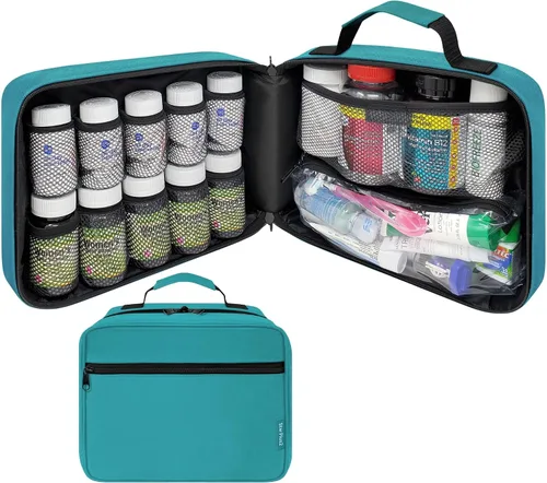 Vista 11 de Organizador de frascos de píldoras acolchado grande, bolsa de medicamentos, estuche, portador para medicamentos, vitaminas y suministros médicos