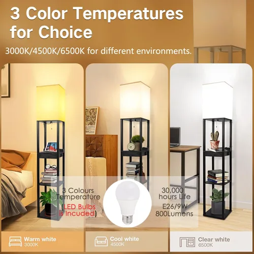 Vista 2 de Lámparas de pie para sala de estar, lámpara de pie alta con estantes y cajón, 2 puertos de carga USB y 2 tomas de corriente, bombilla LED brillante