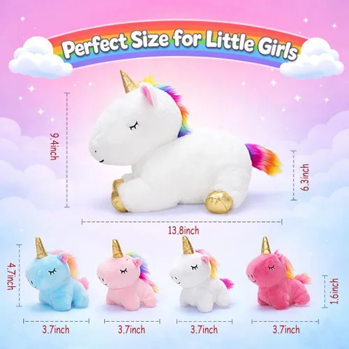 Vista 5 de KMUYSL Juguetes para Niñas de 0 1 2 3 4 5 6 7 8+ Años – Animal de Peluche de Unicornio Mamá con 4 Bebés Unicornios en su Barriguita, Set de Juguetes