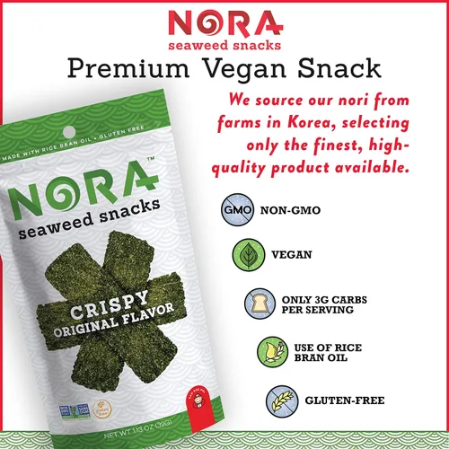 Vista 5 de Nora Bocadillos originales de algas marinas, tiras gruesas de Nori, veganos