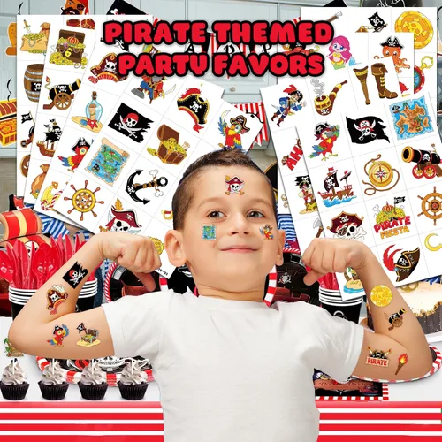 Vista 2 de 96 tatuajes temporales de barco pirata precortados para recuerdos de fiesta de niños Suministros de cumpleaños con temática náutica, decoraciones