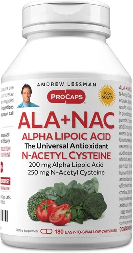 Vista 12 de ANDREW LESSMAN ALA + NAC Ácido alfa lipoico con N-acetil-cisteína 30 cápsulas - Ultra alta potencia, soporte antioxidante para sistema nervioso