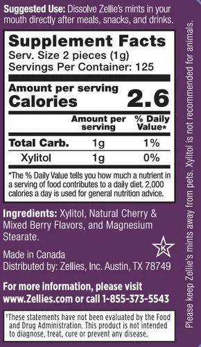 Vista 2 de Zellie's Mentas 100% xilitol de cereza para el aliento Sin aspartamo, sin gluten, mentas veganas y kosher (250 unidades - Paquete de 1)