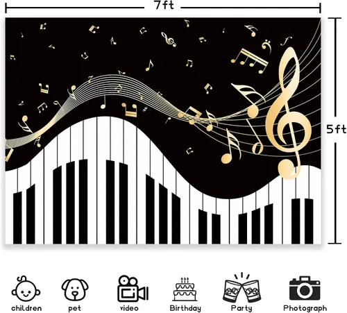 Vista 4 de Newsely Fondo de Tema de Piano 7 pies de ancho x 5 pies de alto Fotografía Notas Musicales Doradas y Teclado de Piano Fondo Elegante Moderno de Moda