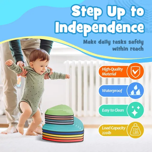 Vista 7 de Stepping Stones para niños, 10 juguetes sensoriales antideslizantes, juego interior y exterior que promueve el equilibrio, la coordinación