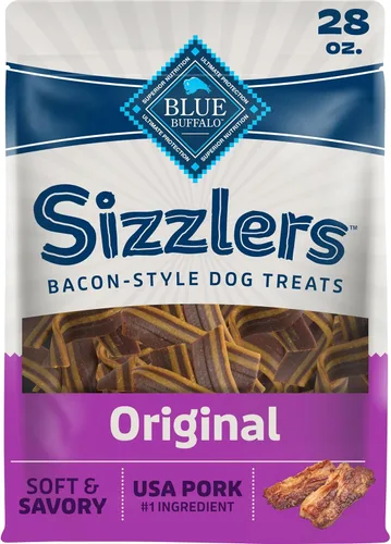Vista 13 de Blue Buffalo Sizzlers Golosinas para perros estilo tocino con cerdo real de Estados Unidos, sabor cheddar, bolsa de 15 onzas