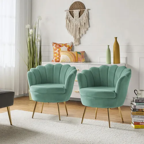 Vista 24 de HULALA HOME Silla decorativa moderna de terciopelo con respaldo en forma de concha, bonito sillón para sala de estar, dormitorio con patas doradas