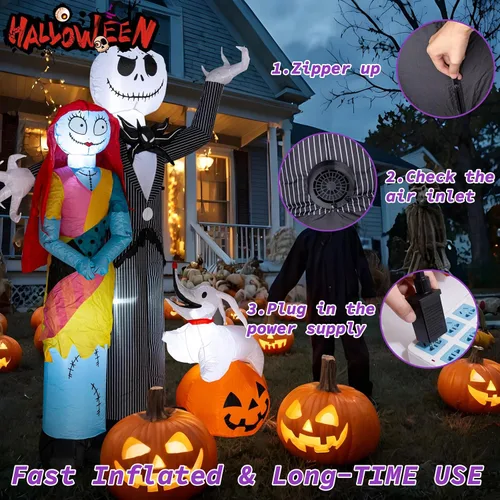 Vista 7 de Nervure Decoración de Halloween inflable de 6 pies para exteriores, decoraciones inflables de Halloween con perro esquelético y calabaza, inflables