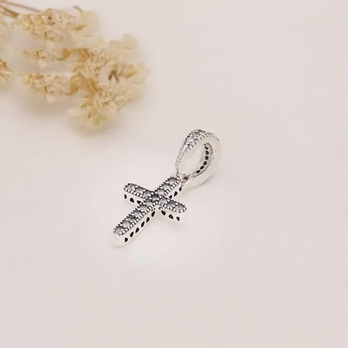 Vista 4 de Colgante de cruz brillante colgante colgante de plata de ley 925, joyería cuentas regalos para mujeres pulsera y collar A0134, Plata, Circonita