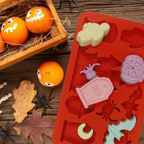 Vista 4 de Moldes de silicona para Halloween, 2 moldes de silicona para chocolate, molde 3D de caramelo de chocolate de Halloween, castillo, luna, bruja