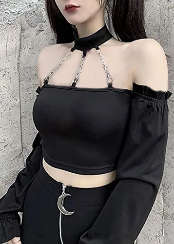 Vista 4 de Dark Punk Crop Top con Cadenas Mujer Punk Off Hombro Hueco Sólido Sin Espalda Tops